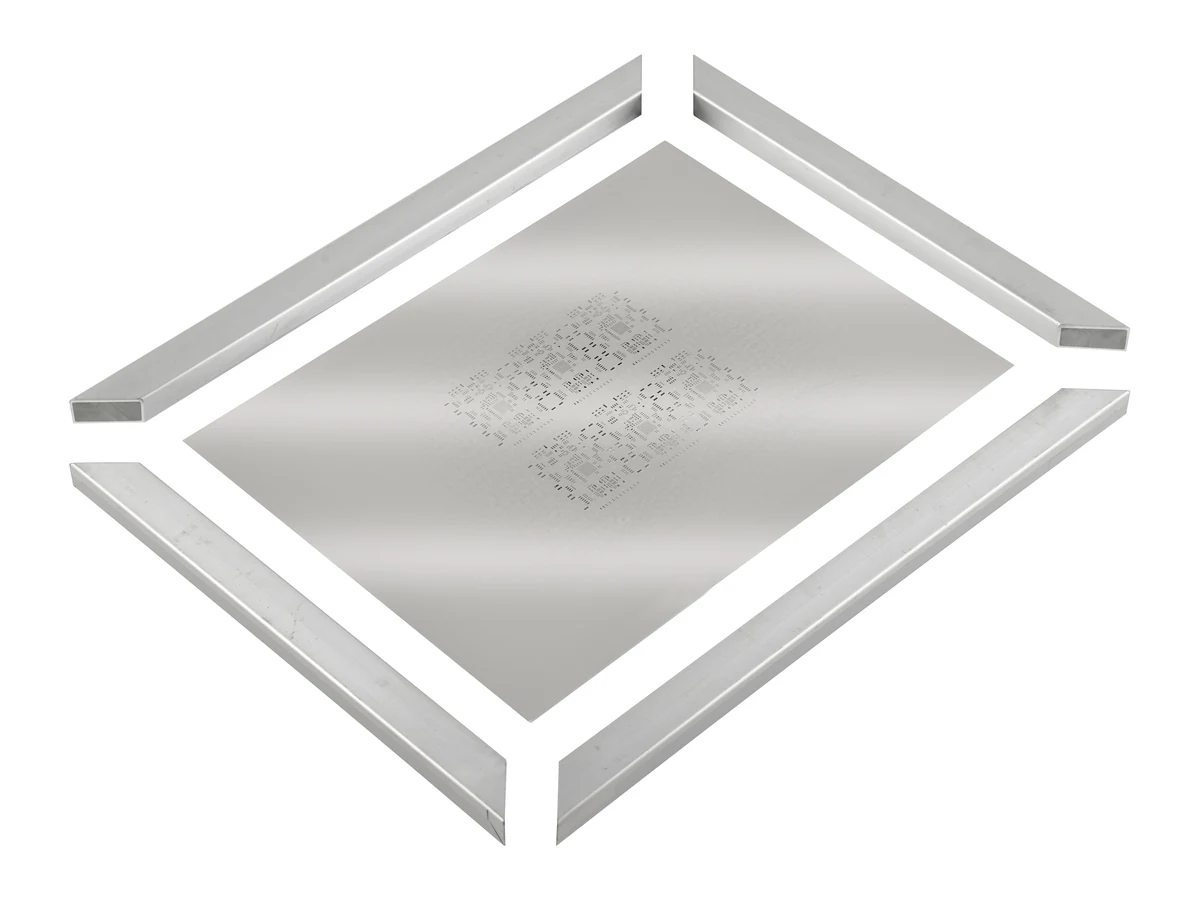 Framed SMT stencil shown apart: the stainless foil and the aluminium frame it is tensioned into