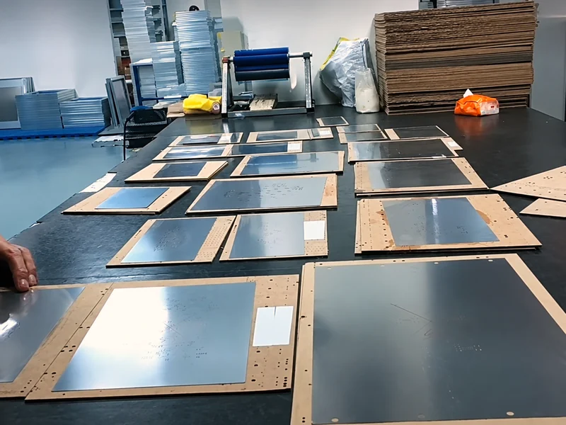 Finished stencils laid out on the packing bench with their cartons, ready to be boxed
