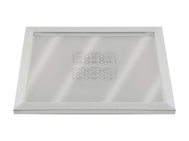Framed SMT stencil with stainless foil tensioned into an aluminium frame