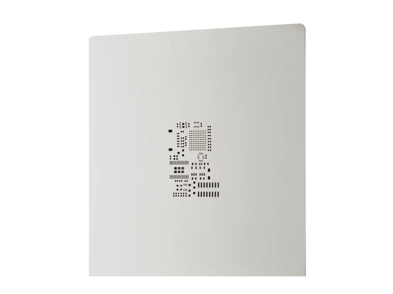 Frameless SMT stencil — a bare laser-cut stainless steel foil