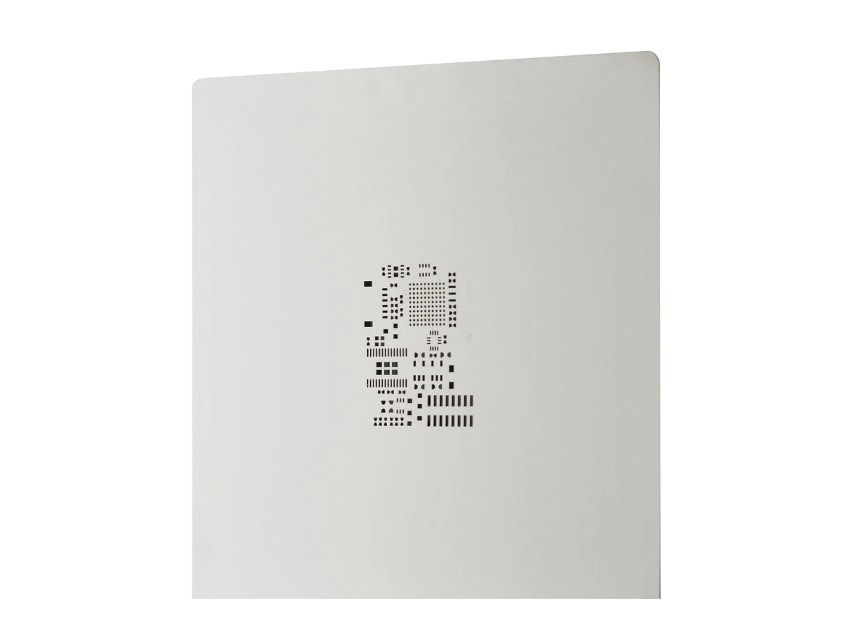 Frameless SMT stencil: a bare laser-cut stainless steel foil, no frame attached