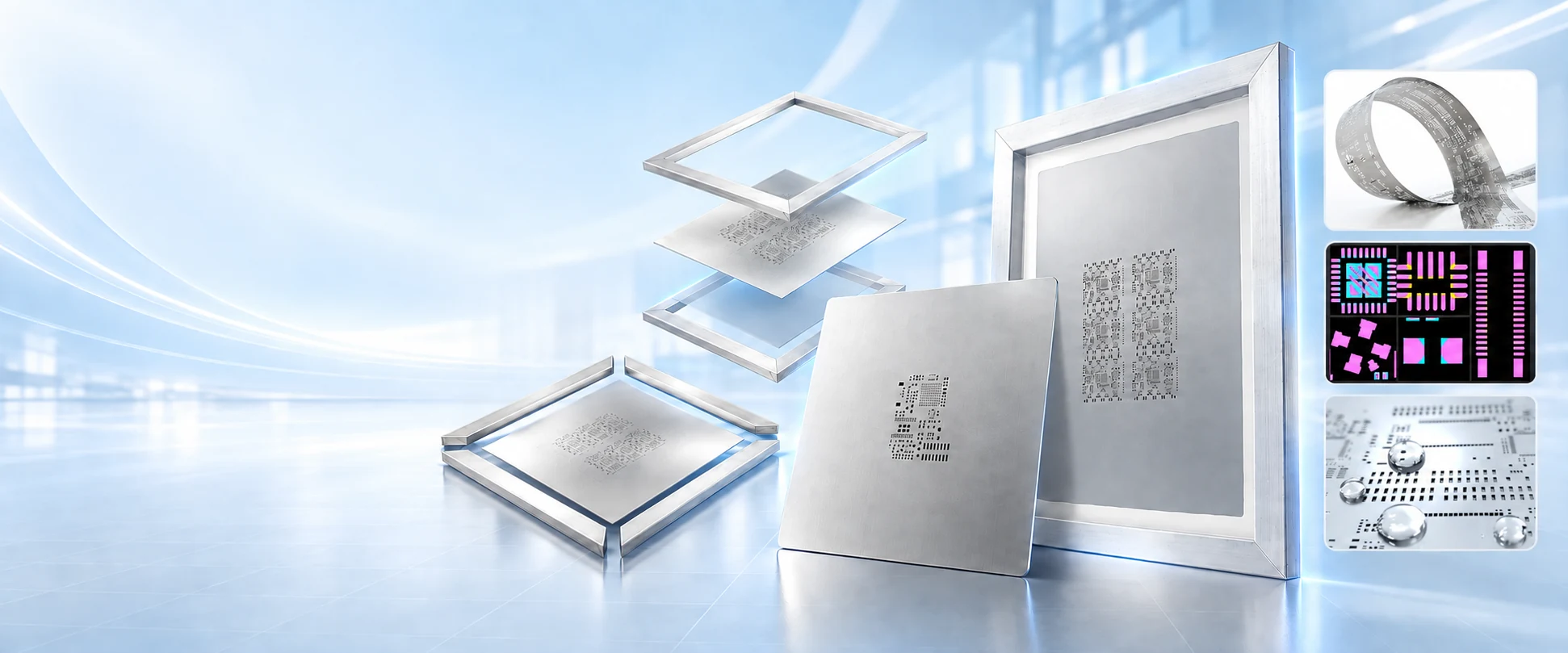 Illustration of framed, frameless and step SMT stencils