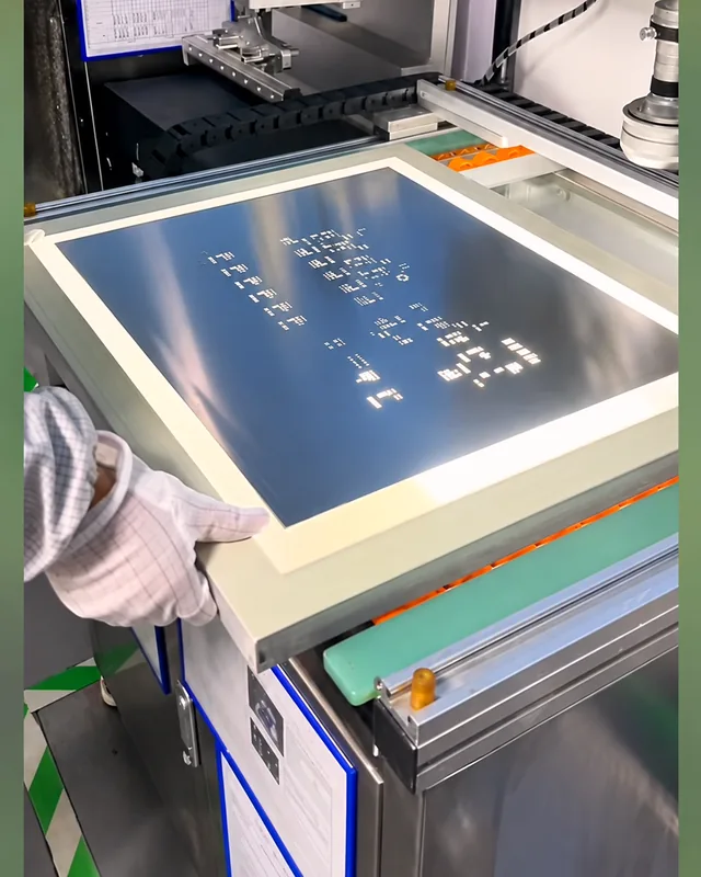 A gloved hand fitting a framed stencil onto the printing table