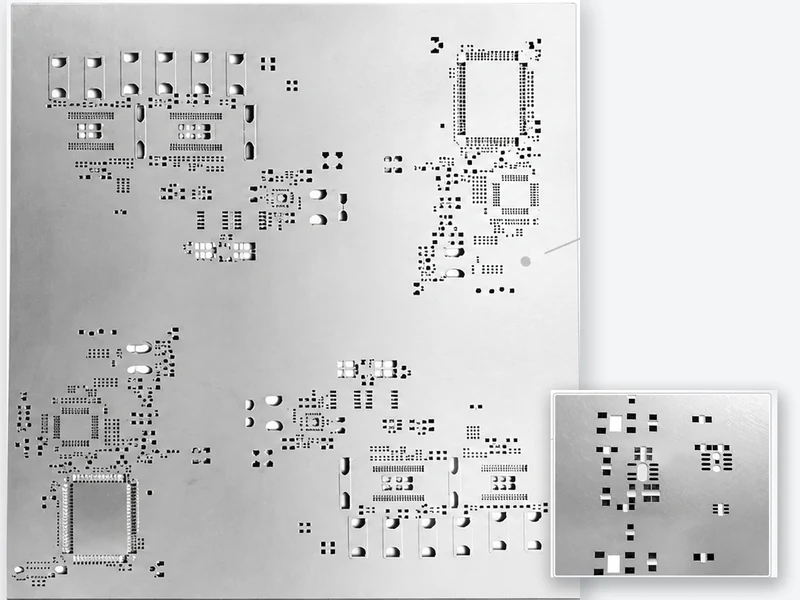 A laser-cut stencil sheet with a magnified view of the aperture detail