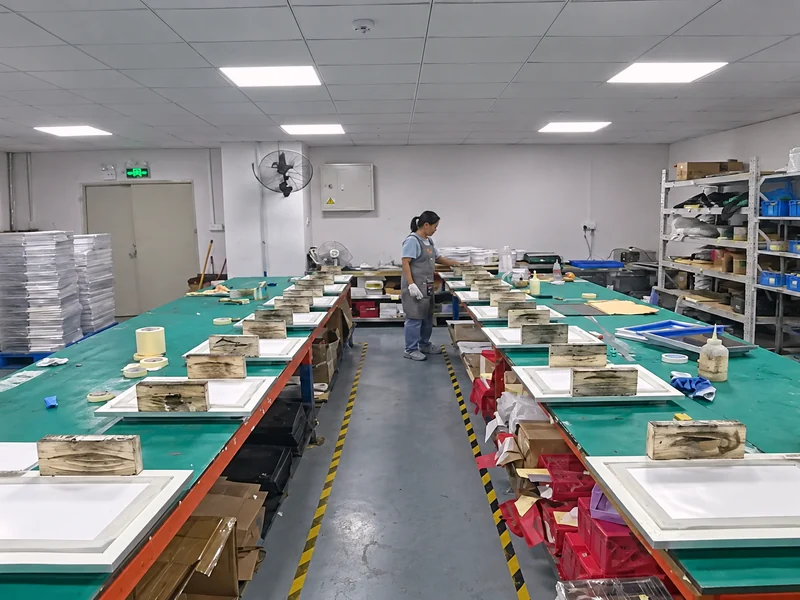 The HanKe stencil workshop in Zhongshan: rows of assembly benches and laser cutting machines